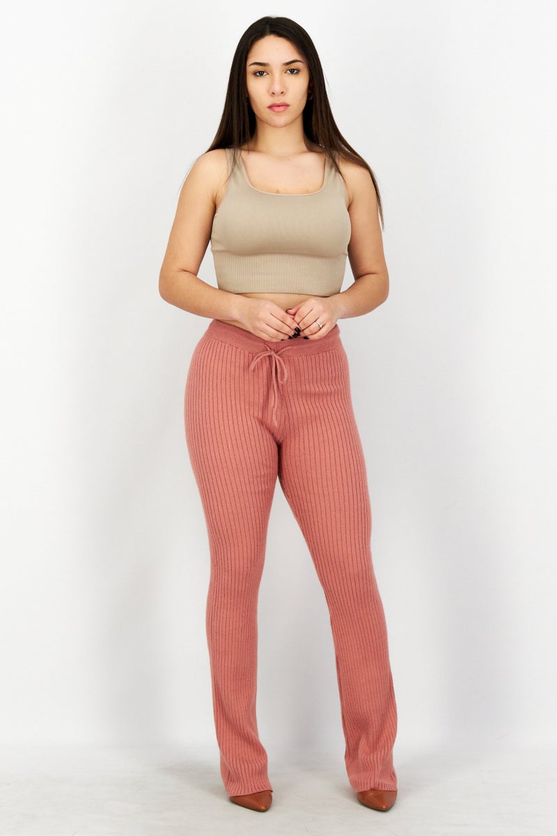 NA-KD Women Ribbed Drawstring Pants, Dusty Pink - Image 2